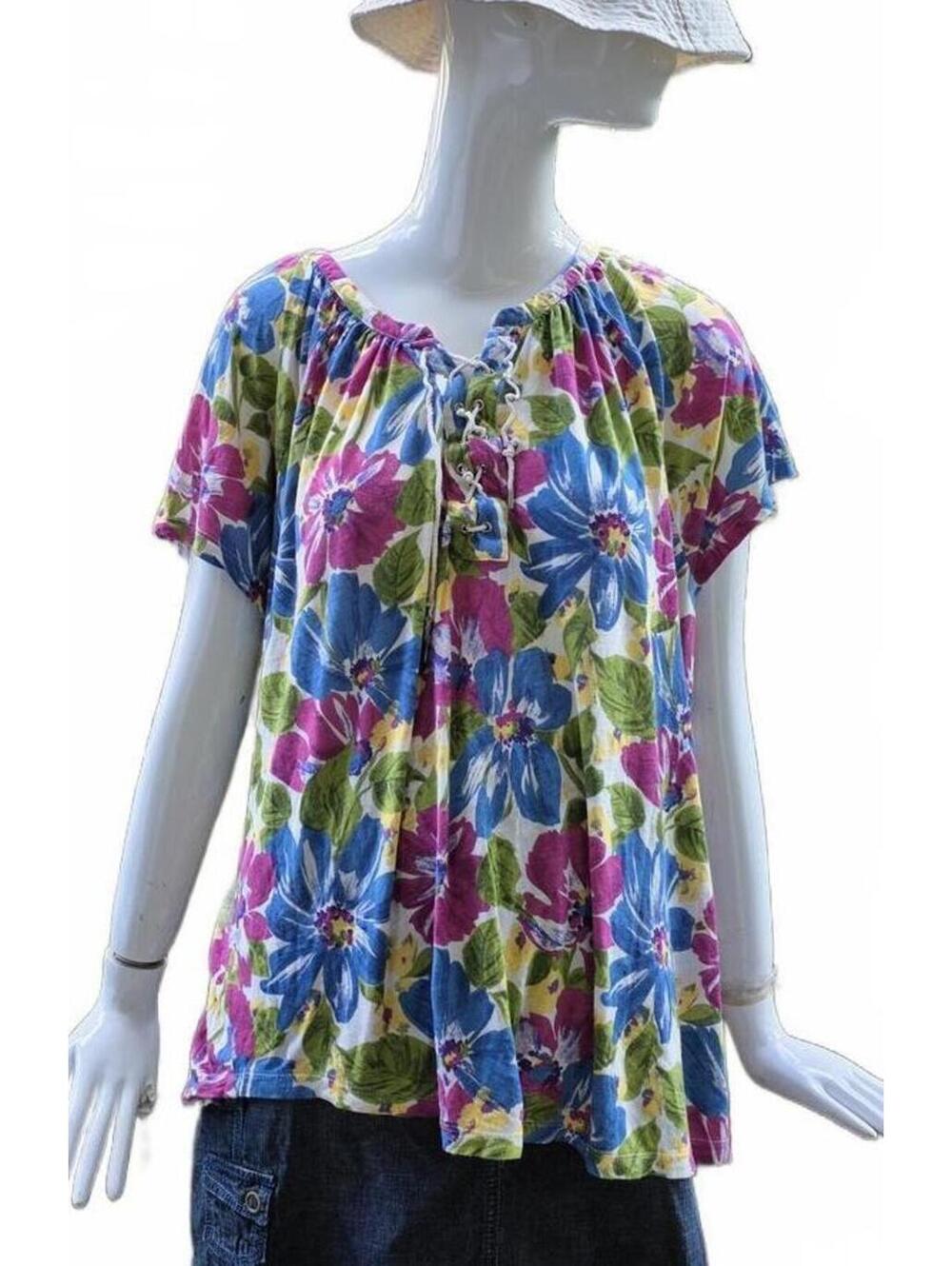 Chaps Multicolor Summer Floral Lace-Up Blouse - 2XL